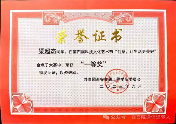 祝贺！西安交通工程学院渠超杰同学获评陕西省 “青马工程”、“优秀学员”荣誉称号