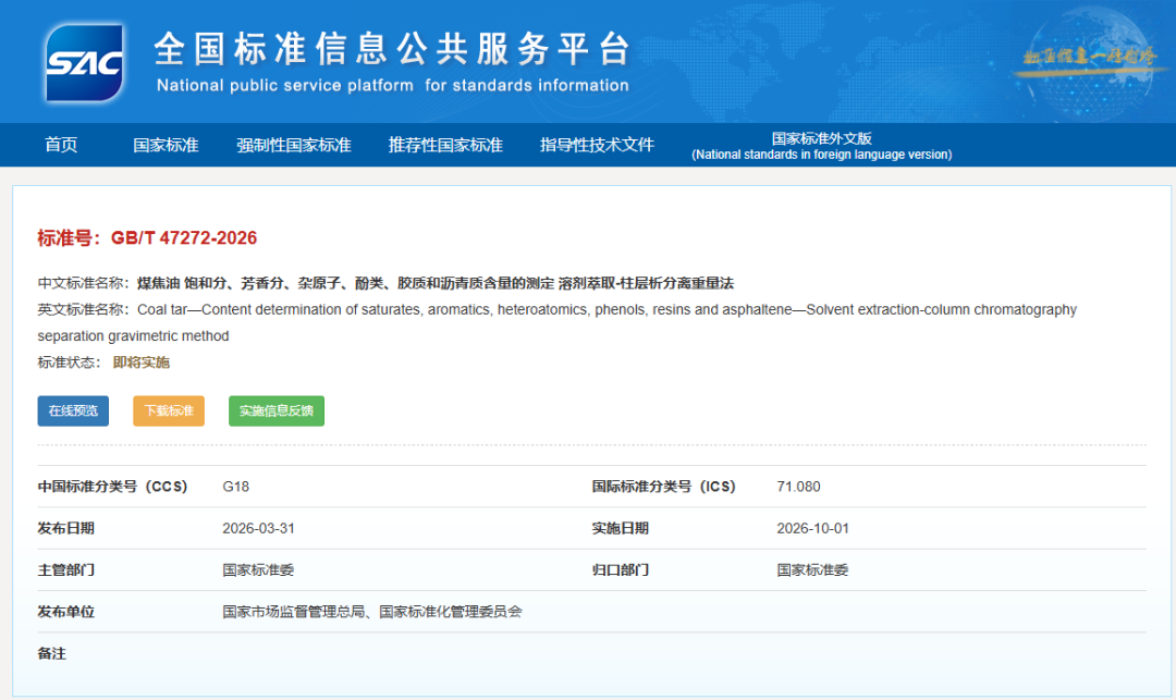西京学院主持制定！我国首个煤焦油族组分分离与测定国家标准发布