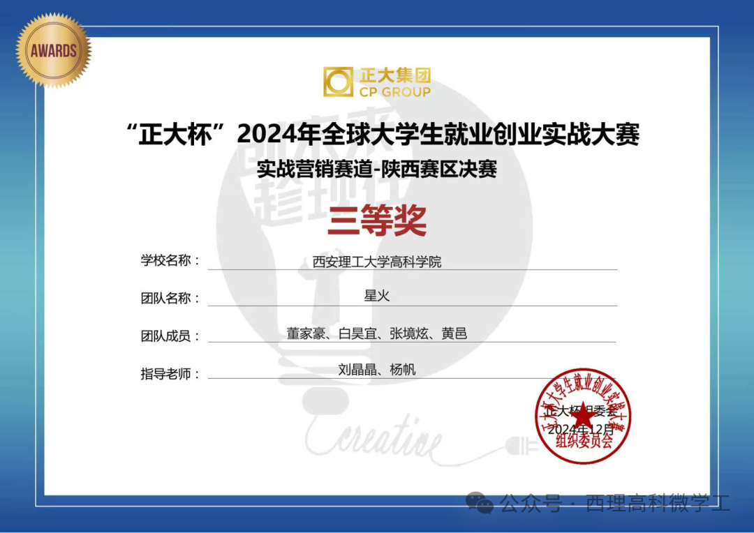 西安理工大学高科学院荣获2024年“正大杯”全球大学生就业创业实战大赛陕西赛区最佳风采奖