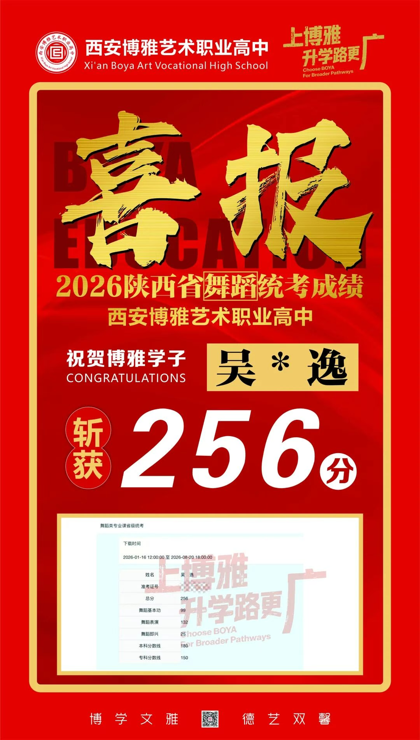 祝贺！西安博雅艺术职业高中2026舞蹈生统考全部上岸