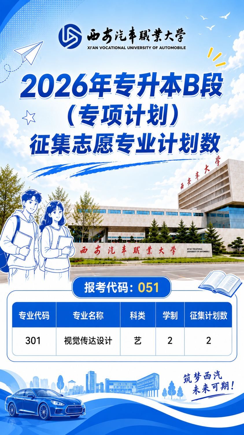 西安汽车职业大学2026年专升本招生录取退役大学生士兵免试生、专项计划征集志愿公告